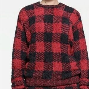 Skims oversized Red and Black Check Fuzzy Crewneck Sweater
